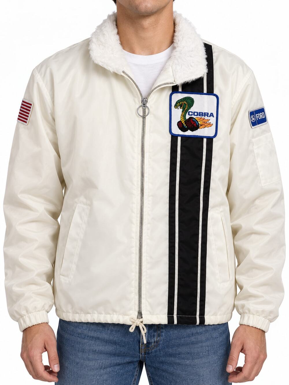 Ford Cobra Men's Off-White Nylon Racing Jacket Fur Lined Patches Medium Vintage